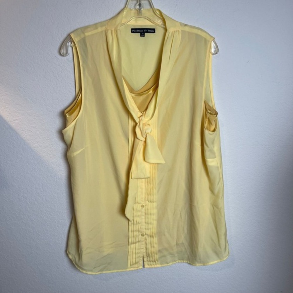 2pc Preston & York Sleeveless Blouse Tie Neck Semi-Sheer Yellow Top Size 16